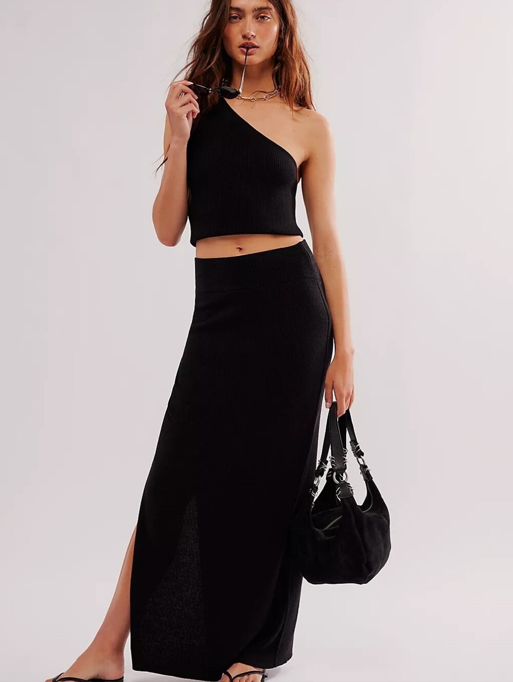 Free People Golden Hour Black Knit Side Slit Maxi Skirt XL